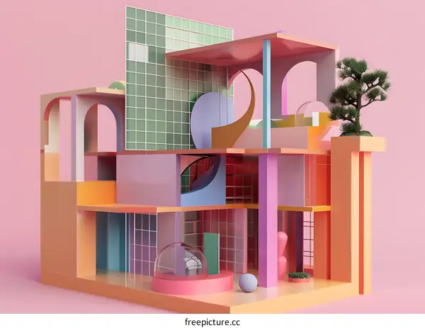 Abstract Geometric Building with Colorful Blocks