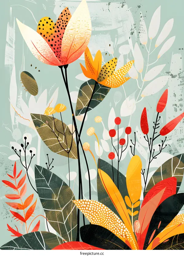 Abstract Floral Illustration With Green, Orange, Red, and Yellow Colors