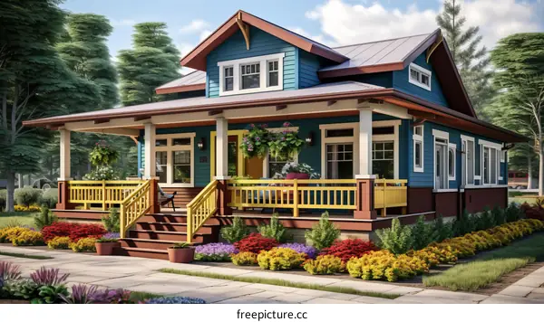Colorful Craftsman-Style Bungalow With Porch and Flower Garden