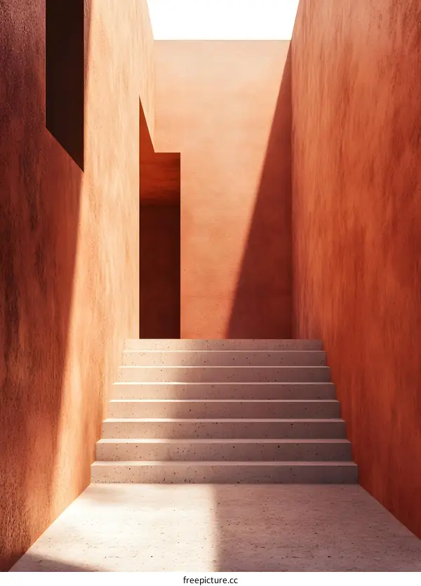 Minimalist Concrete Stairs with Orange Walls and Sunlight