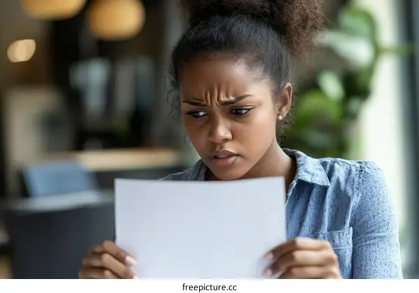 Woman Reading Documents with Concern