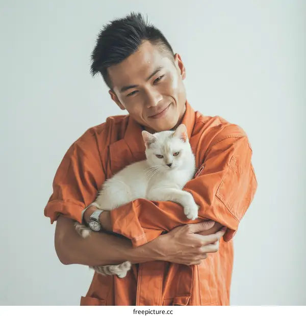A young Asian man in an orange jumpsuit is holding a white cat