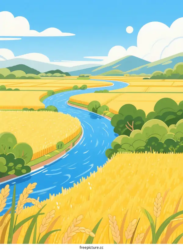 A Serene Scenic View of Golden Wheat Fields with a Winding River