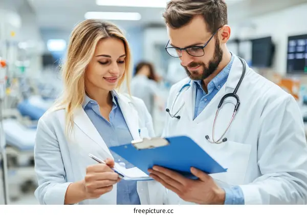 Medical Professionals Reviewing Patient Records in Hospital