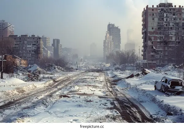 Destroyed city street with snow and debris