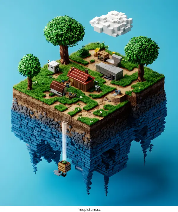 Low Poly 3D Village with Trees and a Cloud