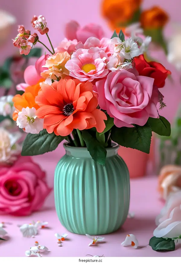 Beautiful Colorful Flower Bouquet in a Green Vase on a Pink Background