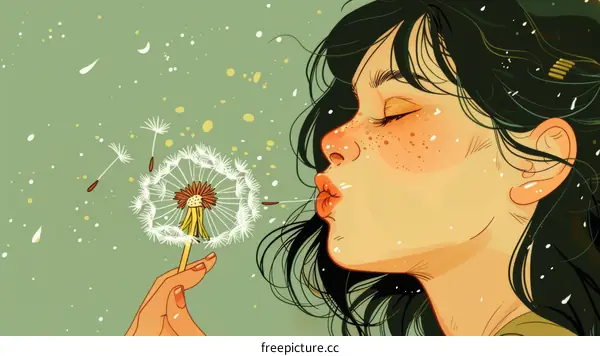 girl blowing dandelion illustration