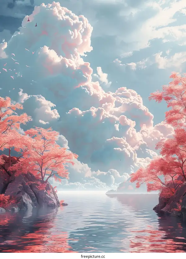 Enchanted Lake with Pink Clouds and Cherry Blossoms