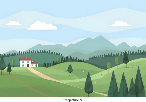 Mountain Landscape Illustration With House and Trees