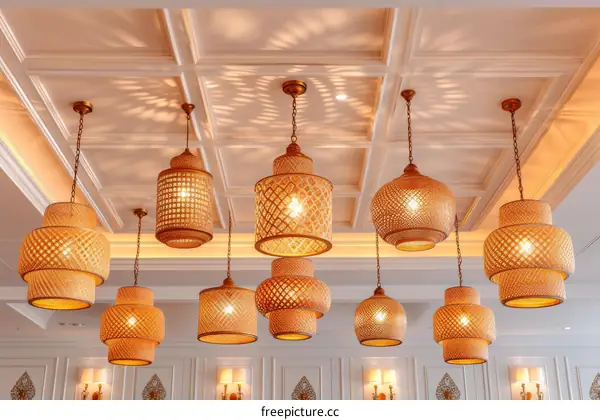 Various shapes and sizes of woven bamboo lampshades hang from a white ceiling with crown molding.