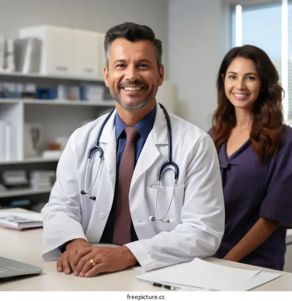 Confident multiethnic medical team sitting at the desk in the hospital