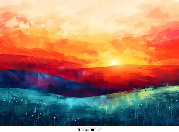 vibrant abstract landscape painting of rolling hills at sunset in shades of red orange yellow green and blue
