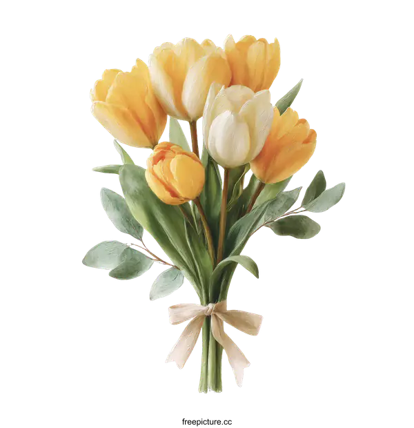 [Transparent Background PNG]Beautiful Bouquet of Yellow and Cream Tulips