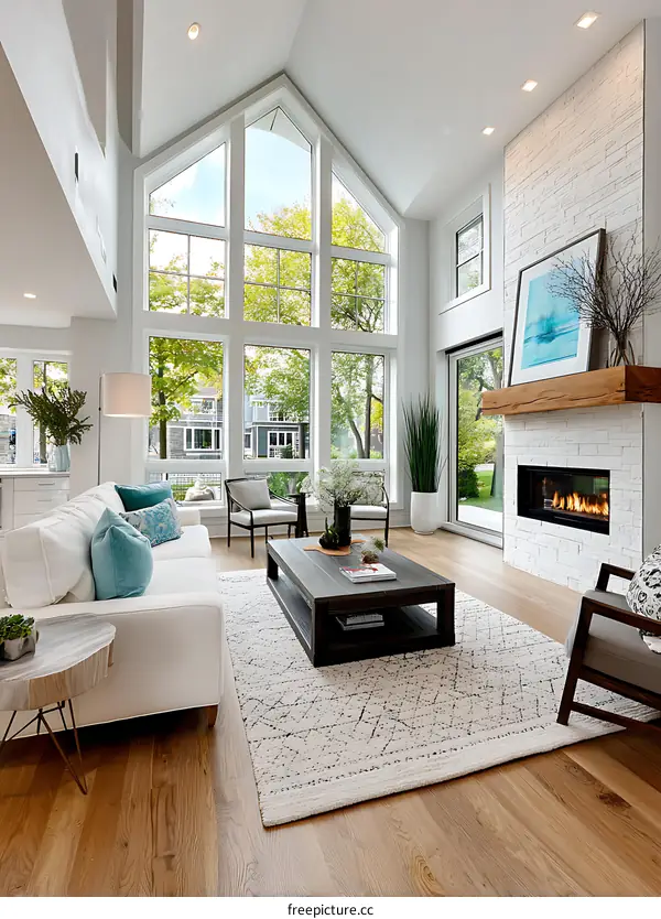 Modern Living Room with Large Windows and a Fireplace