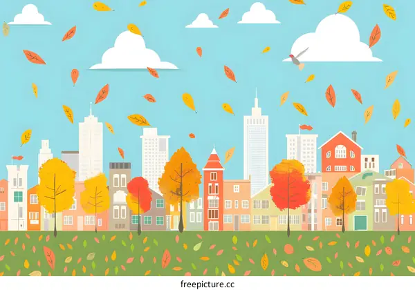 Autumn Cityscape with Falling Leaves and Bird