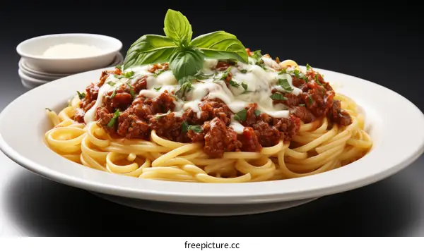 A plate of spaghetti with tomato sauce and basil