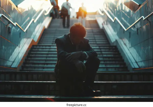 Despair businessman sitting on the stairs