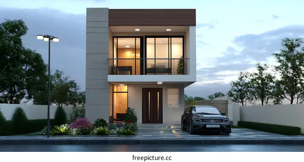Modern House Exterior Design with Balcony and Car