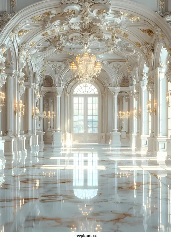 Lavish Baroque palace ballroom interior with marble floor and gold chandeliers