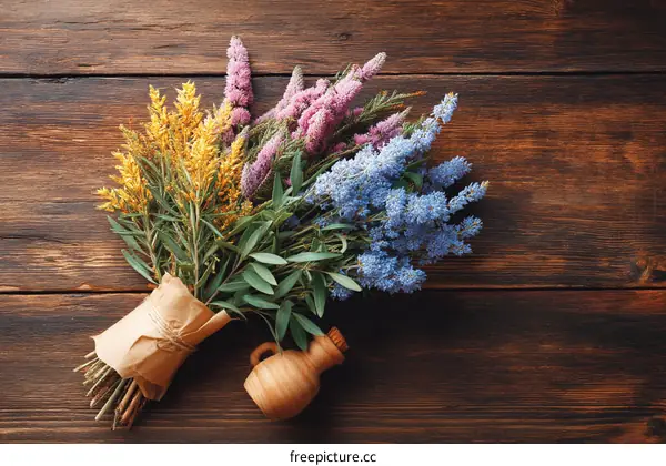 Colorful Flower Bouquet on Wooden Background