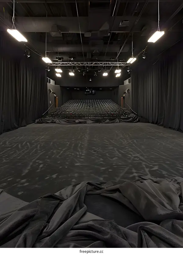 Empty Black Theater Stage with Seats
