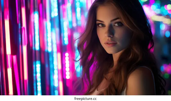 Portrait of a young woman with long brown hair standing in front of colorful neon lights