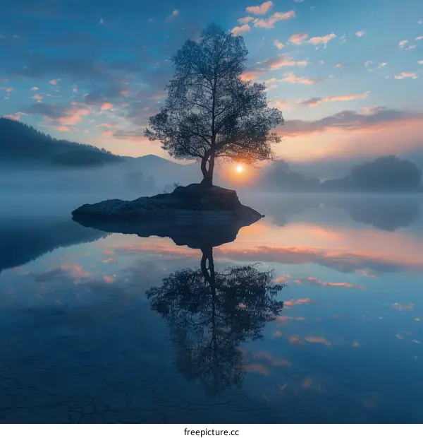 Solitude by the Misty Lake at Sunrise