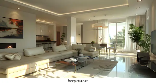 Bright contemporary living room interior with large windows