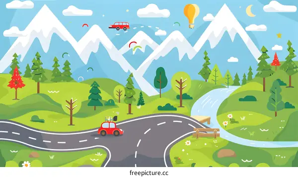 Cartoon Illustration of a Winding Road Through a Mountain Landscape