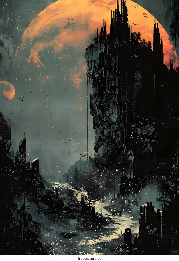 Dark Fantasy Cityscape With A Giant Moon