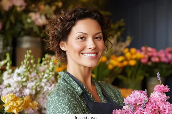 Smiling Woman Florist Holding Flowers