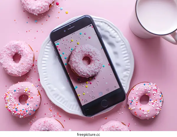 Pink Donuts with Sprinkles on a Pink Background with a Phone Showing a Donut