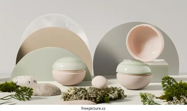 Cream Jar with Green and Pink Colors on a White Background