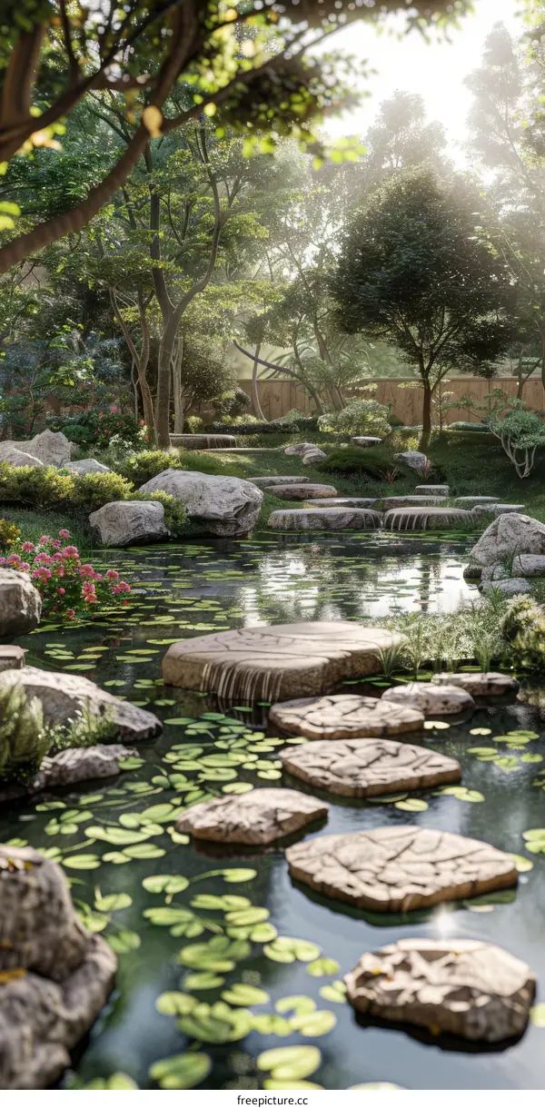 Tranquil Stepping Stones in a Japanese Garden Pond