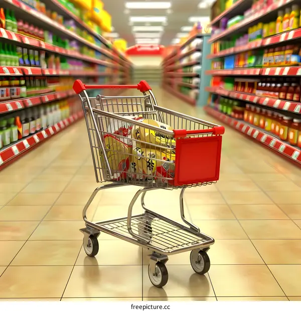 Shopping Cart Full Of Products in Supermarket Aisle