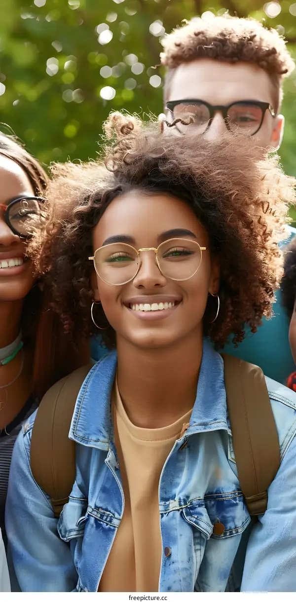 Smiling Young Woman With Curly Hair Wearing Glasses and Denim Jacket