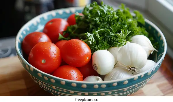 Red tomatoes and white onions with parsley in a bowl