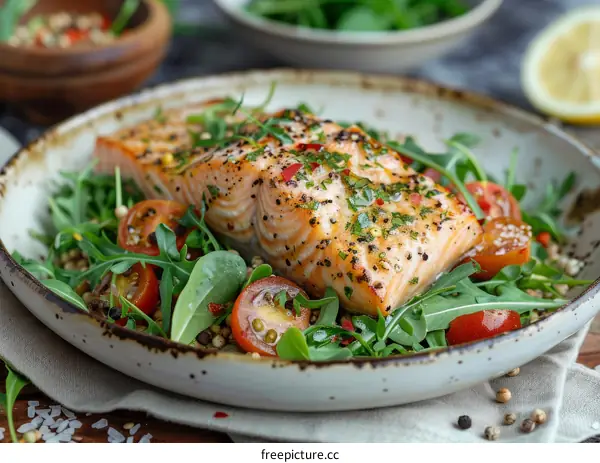 Grilled Salmon with Tomatoes, Rocket and Bulgur