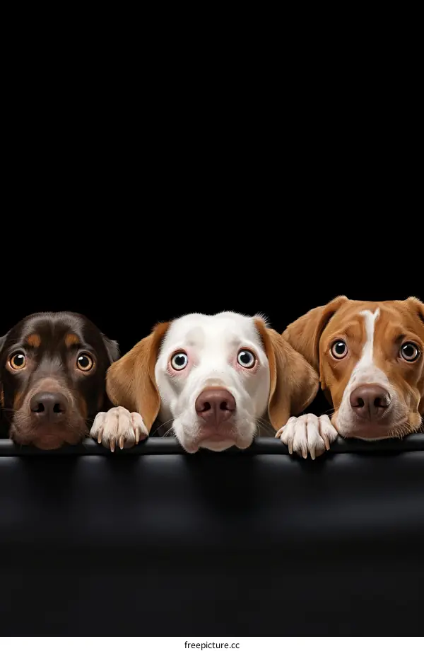 Three dogs with different colors staring at the camera