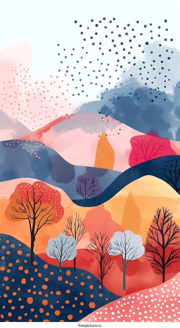Abstract Autumn Landscape with Watercolor Trees and Dots