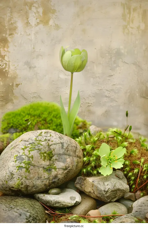 Green Tulip and Rocks with Moss Background