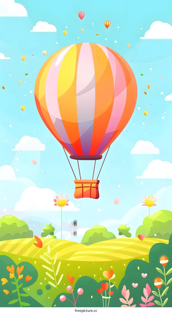 Colorful Hot Air Balloon Flying Above Green Field Illustration