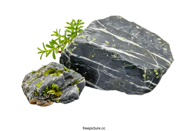 [Transparent Background PNG]Grey Rock with Green Moss and a Branch