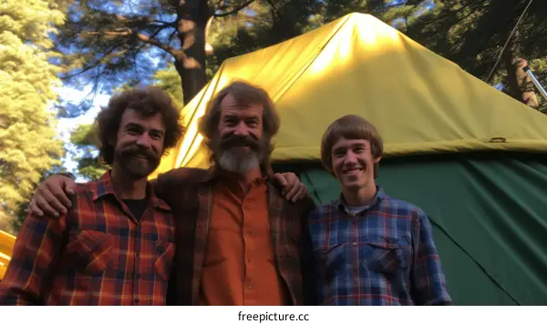 Three men standing in front of a tent smiling