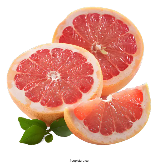 [Transparent Background PNG]Freshly Cut Red Grapefruit with Green Leaves