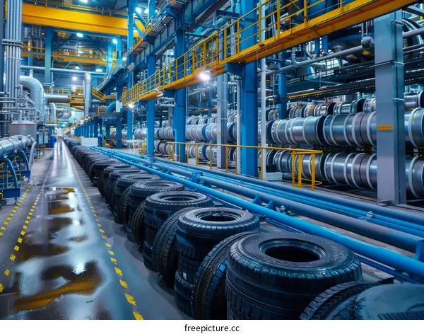 Stacks of New Car Tires in Factory Await Shipment