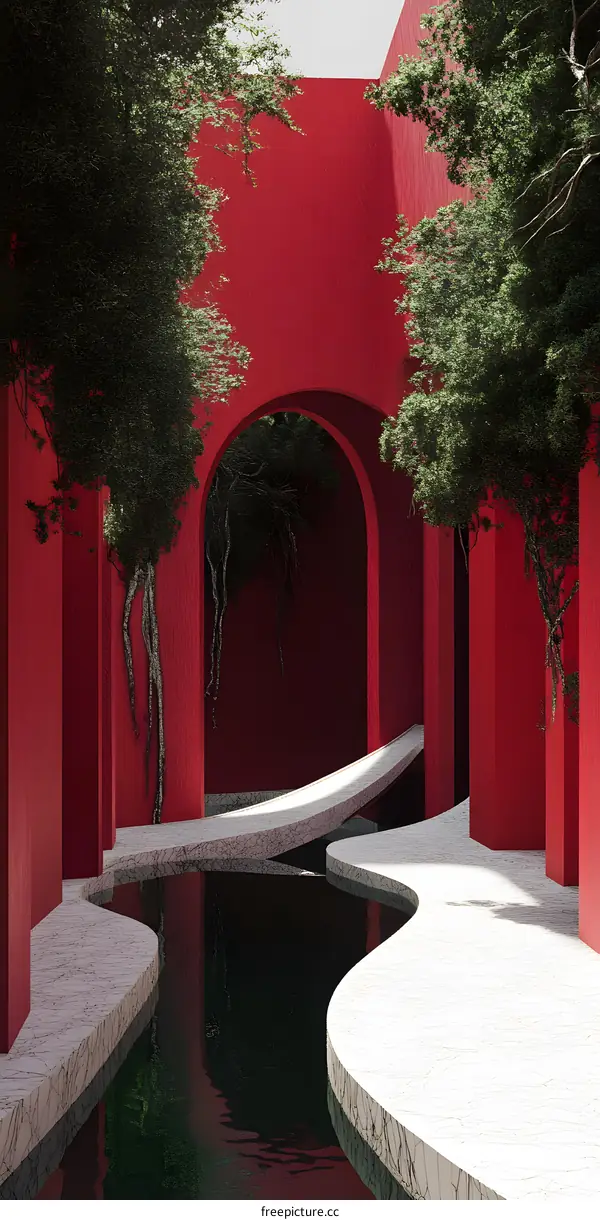 Red Minimalist Architecture with Water Feature