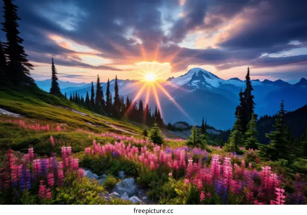 A beautiful landscape of a mountain and a field of flowers