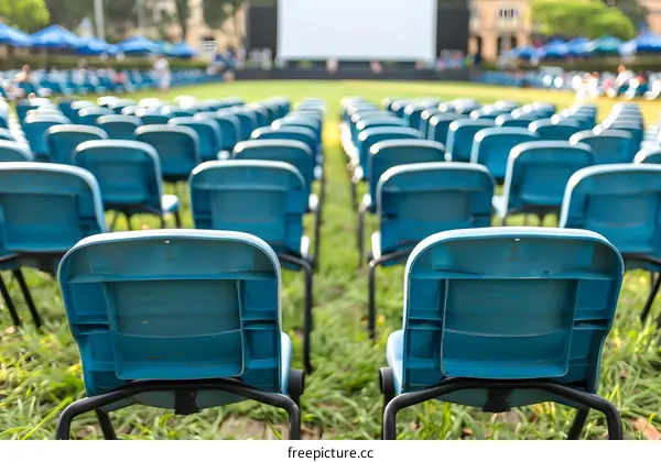 Rows of Empty Blue Chairs in a Grass Field